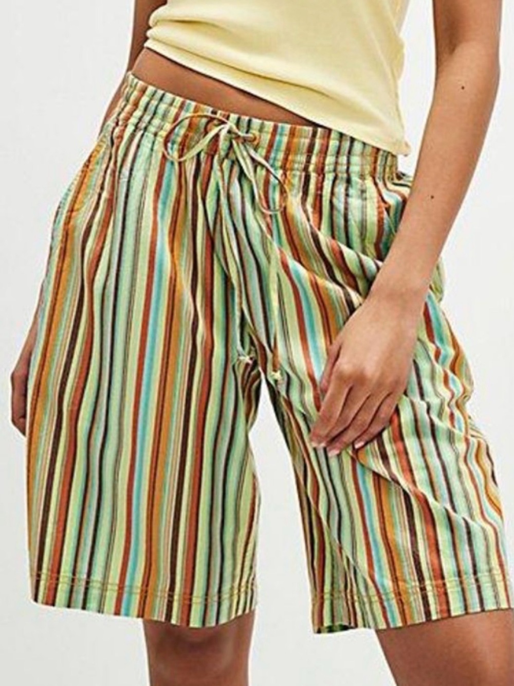 Free People Saylor Poplin Green Brown & Orange Striped Drawstring Shorts